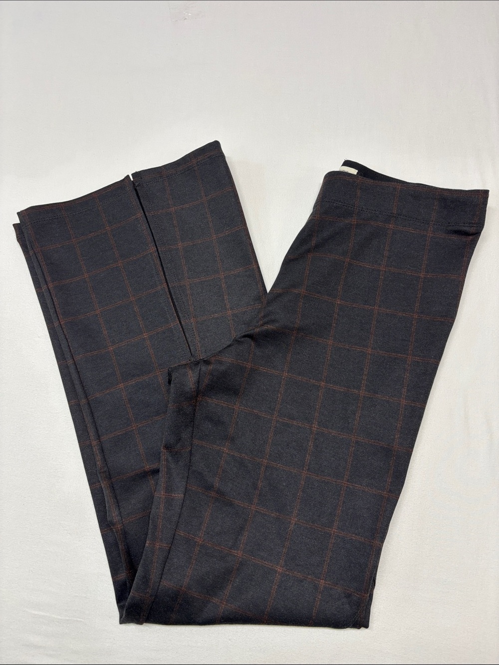 Max Studio Black Wide-Leg Plaid Ponte Pants w/Subtle Brown Grid w/front slit 298